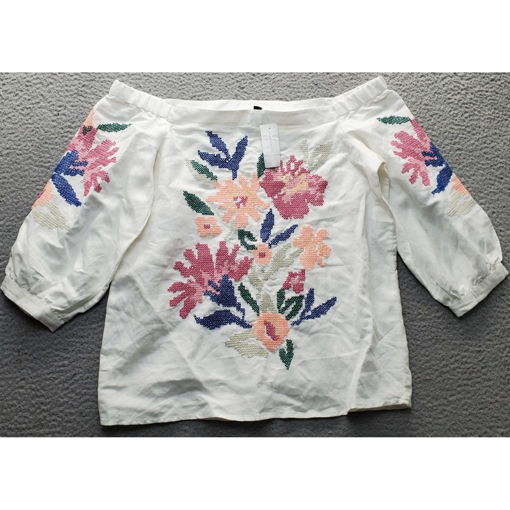 Ann Taylor Blouse Top Womens Small Multi Floral Embroidered Linen Off Shoulder